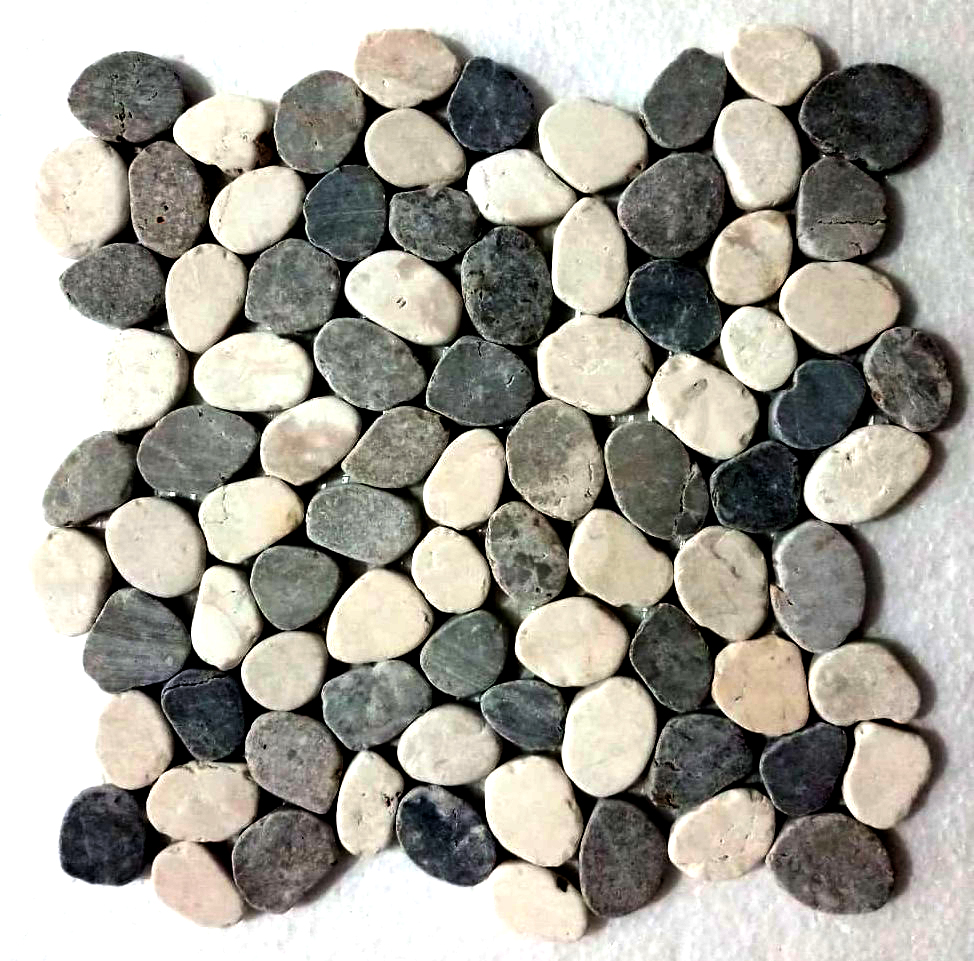 Sliced Mini Stone Grey And White Oval Marble Mosaic Tile- Pebble Tile Store
